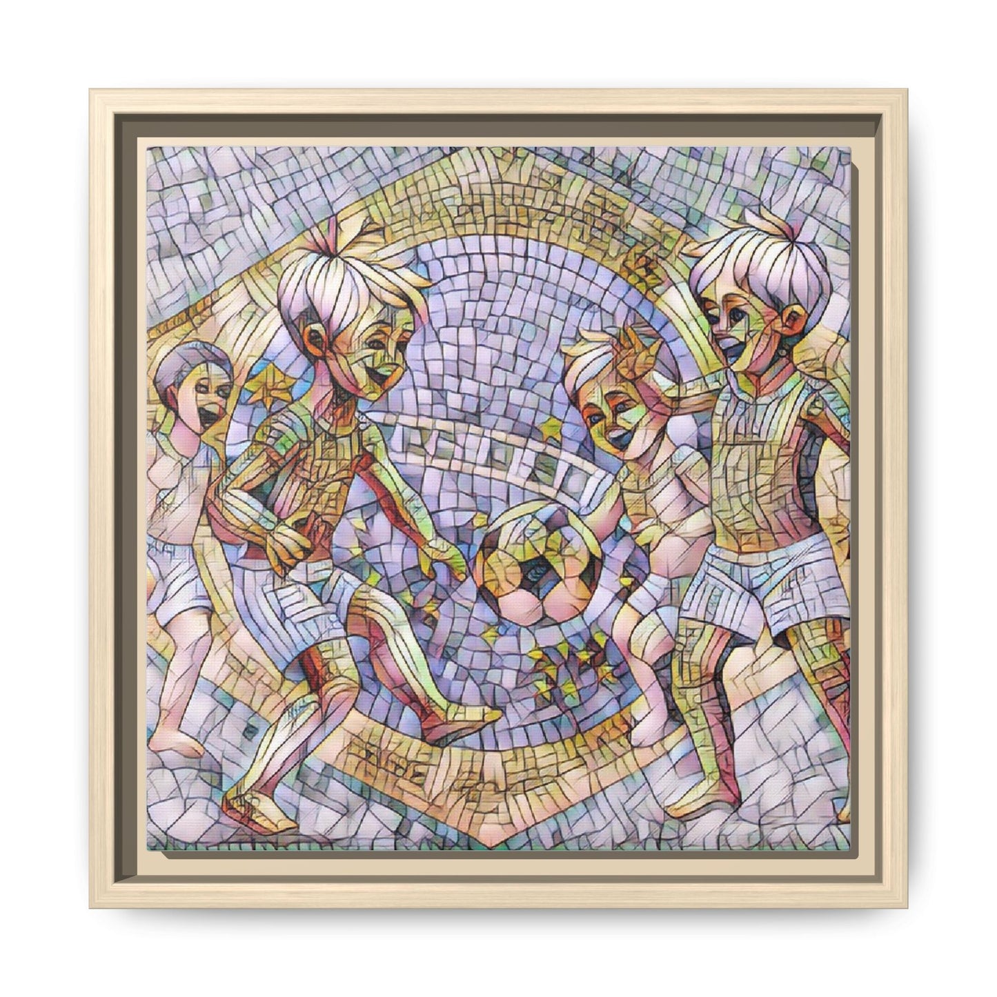 Framed Matte Canvas – Vintage Mosaic Kids Playing Soccer Art