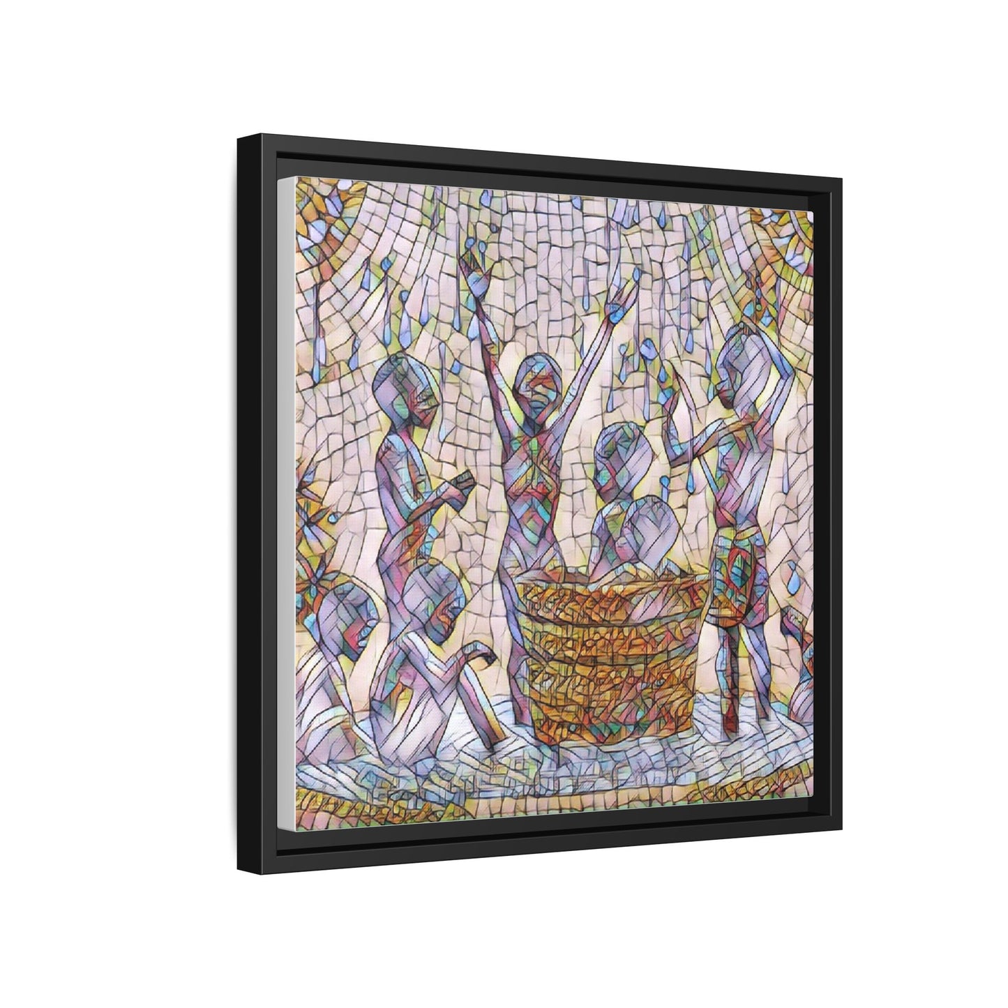 Framed Matte Canvas Art — Children Playing Mosaic Illustration