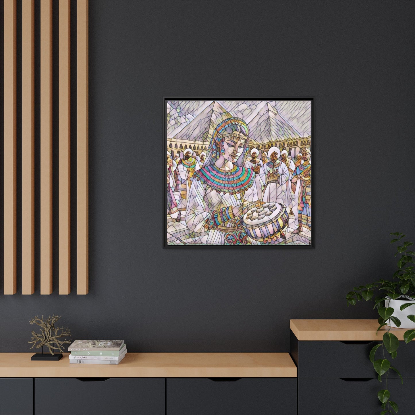 Egyptian Drum Player Framed Canvas Art — Colorful Ancient Scene Wall Decor