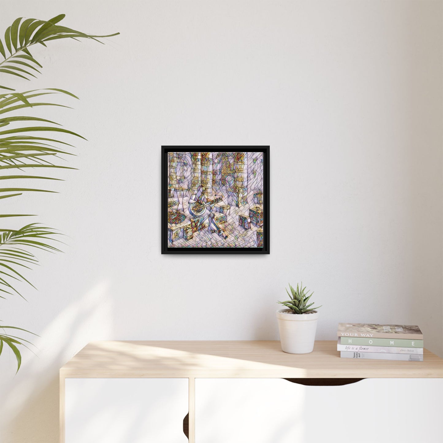 Framed Matte Canvas Art - Abstract Guitarist in Colorful Mosaic