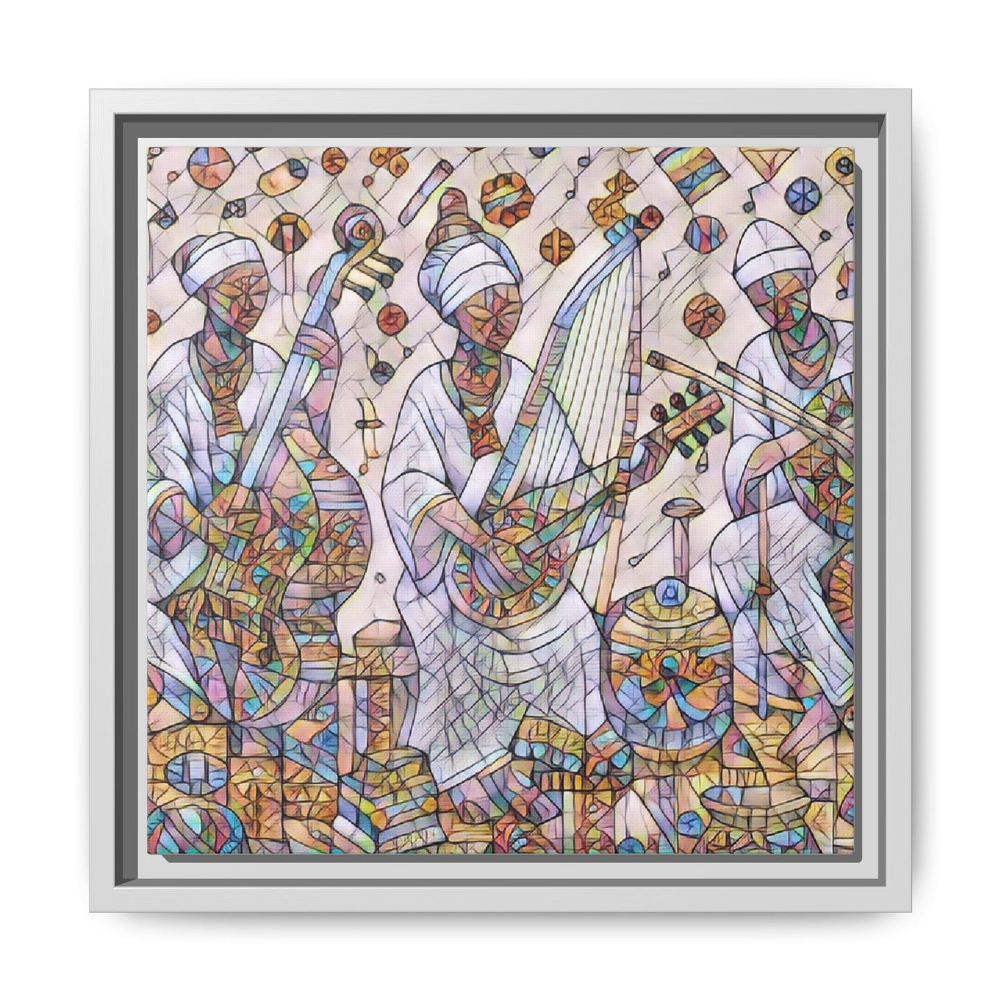 Framed Matte Canvas Print — Colorful African Musicians Stained-Glass Art