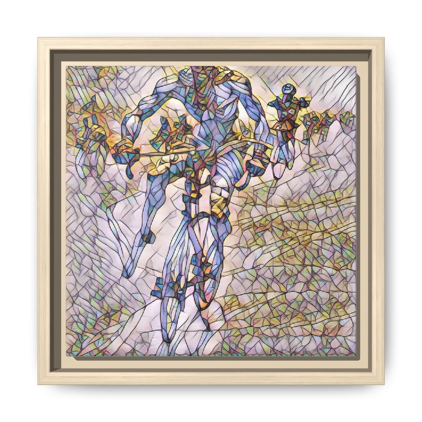 Abstract Cyclist Matte Canvas Framed Art — Colorful Stained-Glass Bike Print