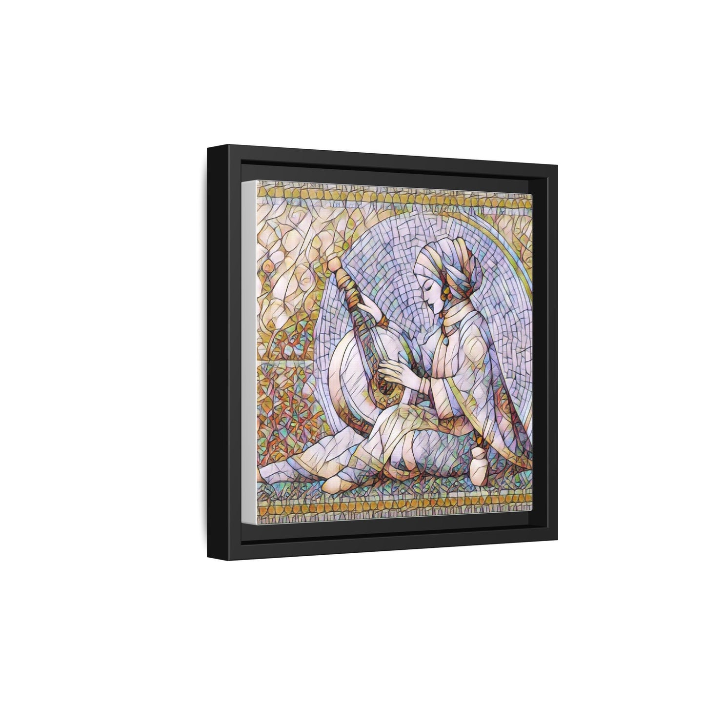 Framed Matte Canvas: Mosaic Lute Player Wall Art — Bohemian Musical Portrait