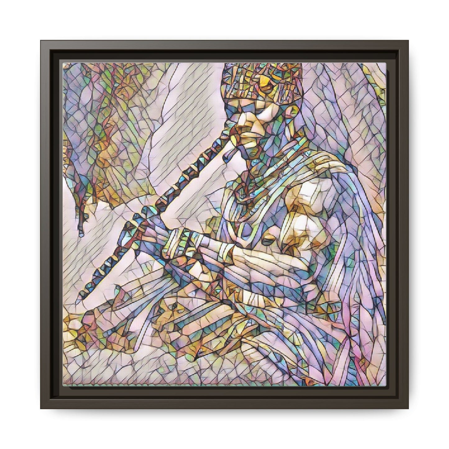 Tribal Flute Musician Stained-Glass Framed Canvas Art