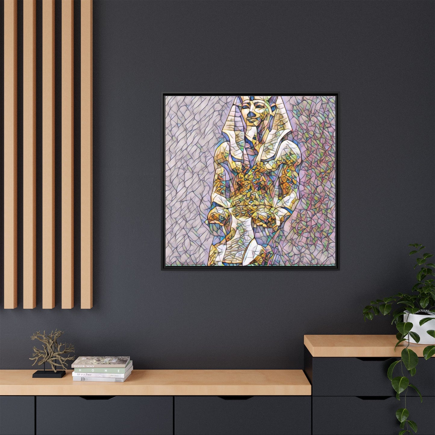 Framed Abstract Pharaoh Matte Canvas Wall Art — Multicolor Egyptian Statue Print