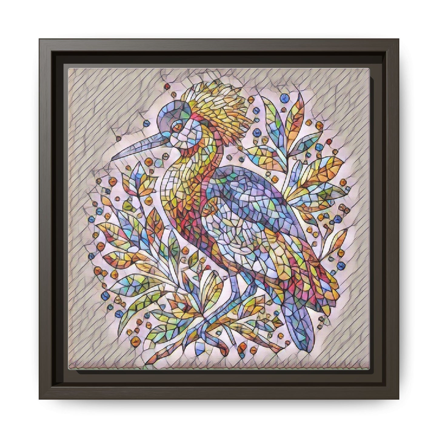 Colorful Stained-Glass Heron — Framed Matte Canvas Wall Art