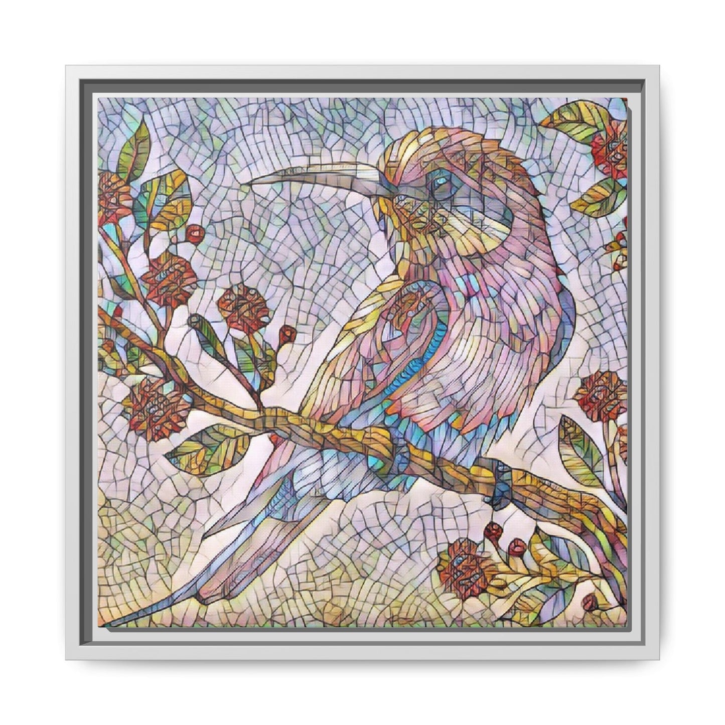 Framed Mosaic Bird Art Print — Colorful Kookaburra Wall Canvas