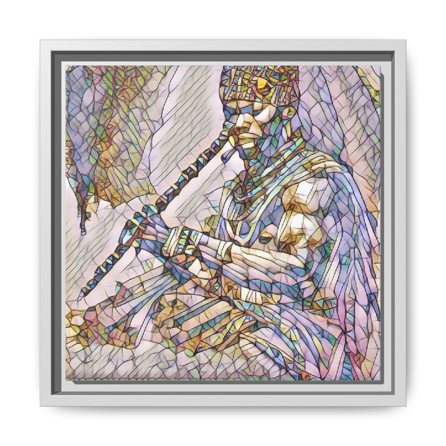 Tribal Flute Musician Stained-Glass Framed Canvas Art