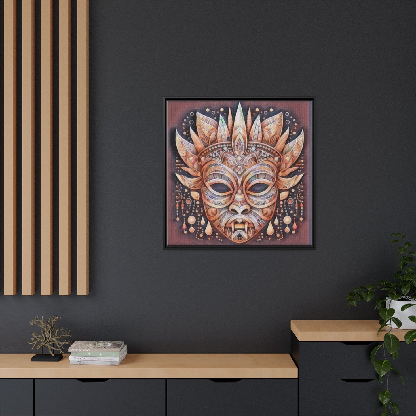 Tribal Sun Mask Framed Canvas Art — Boho Ethnic Wall Decor