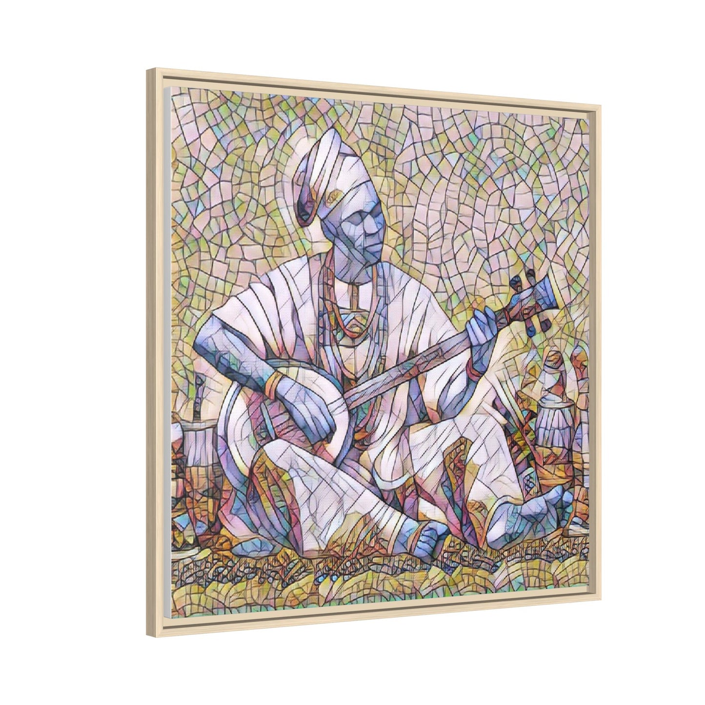 Framed Mosaic Musician Canvas Art — African Griot with Kora