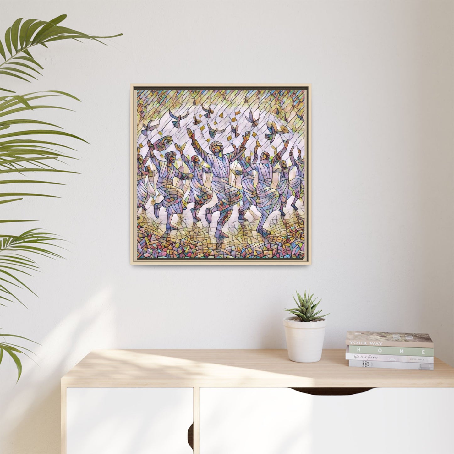 Framed Canvas Art - Joyful Dancers with Doves (Multicolor)