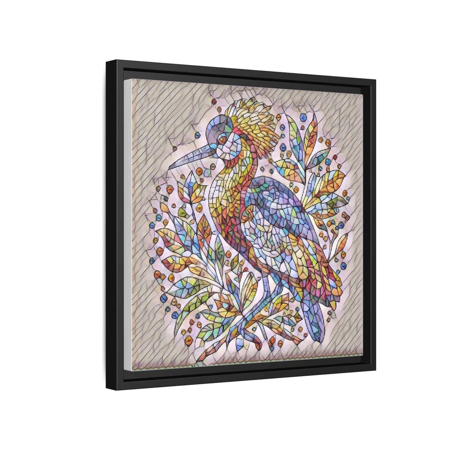 Colorful Stained-Glass Heron — Framed Matte Canvas Wall Art