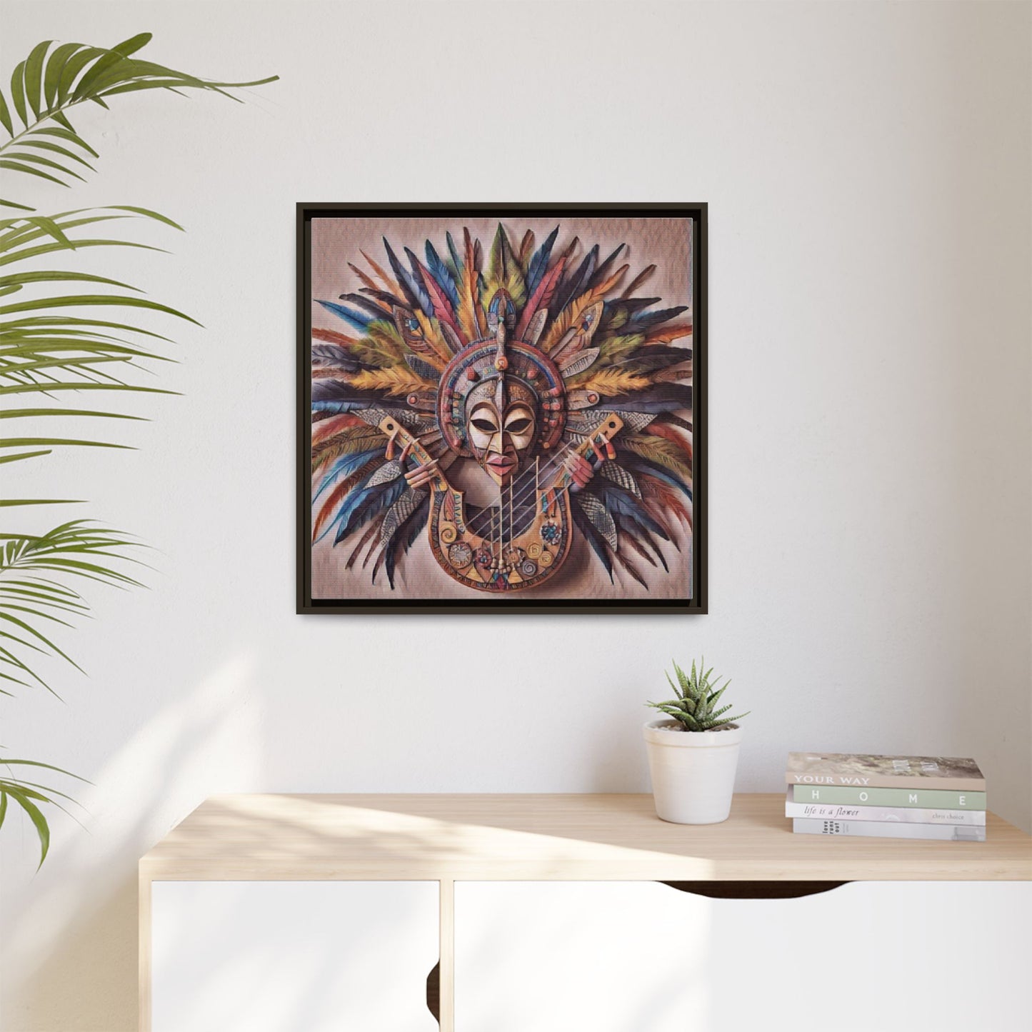 Tribal Feather Mask Guitar Framed Canvas Art — Colorful Boho Wall Decor