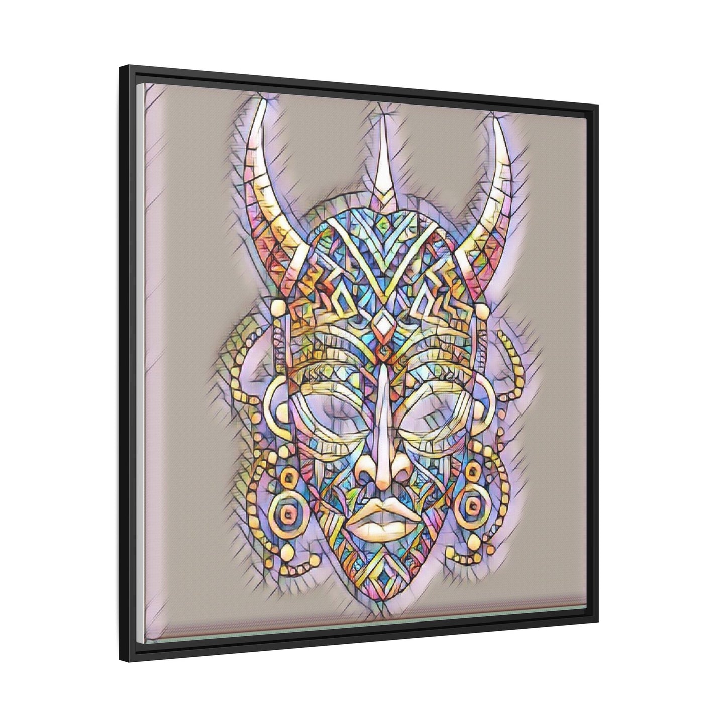 Colorful Tribal Mask Framed Canvas Art — Abstract Ethnic Wall Decor