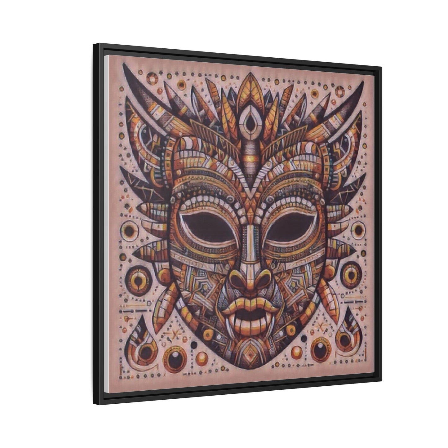 Tribal Mask Framed Canvas Art — Multicolor Matte Wall Decor