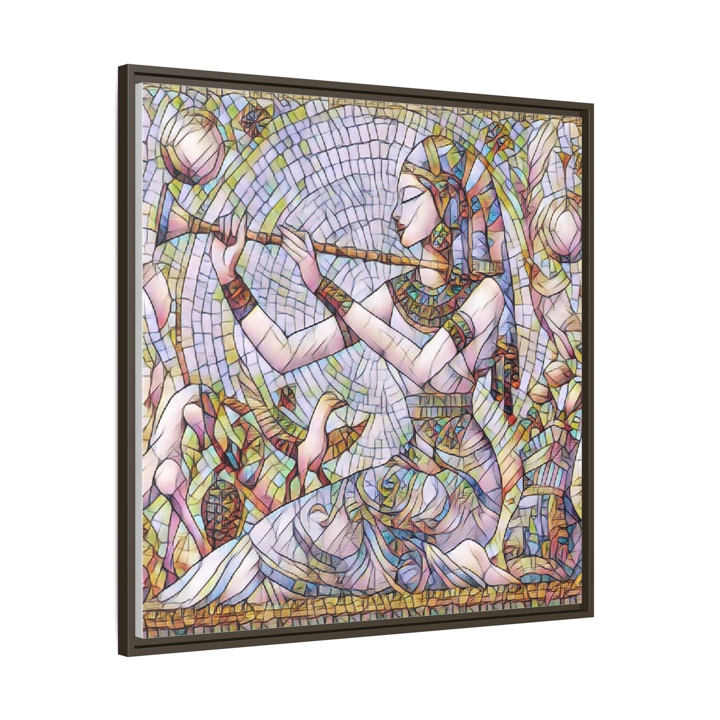 Egyptian Flute Player Framed Canvas Art — Colorful Mosaic Wall Decor