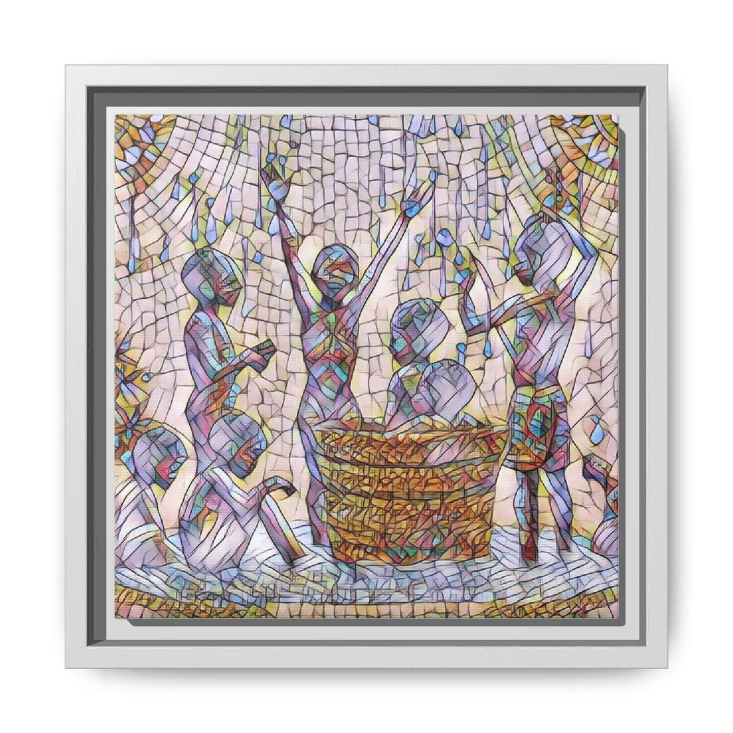 Framed Matte Canvas Art — Children Playing Mosaic Illustration