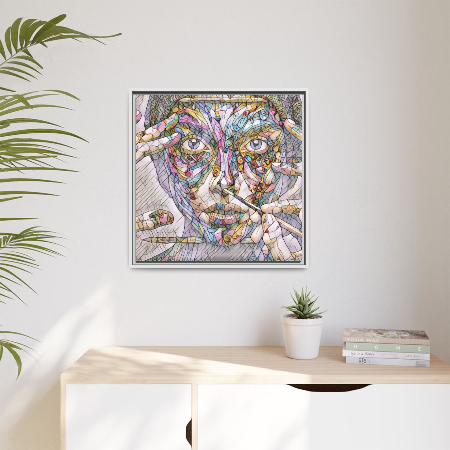 Framed Abstract Mosaic Face Canvas — Colorful Modern Wall Art