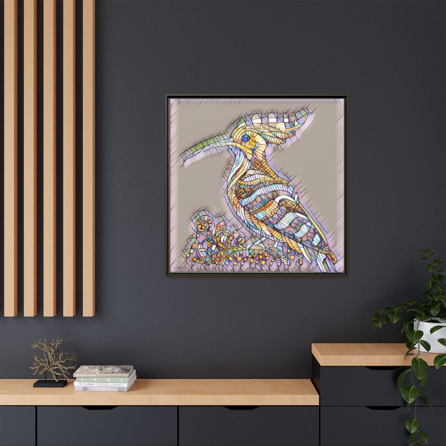 Colorful Mosaic Bird Framed Canvas Art — Whimsical Hoopoe Wall Decor