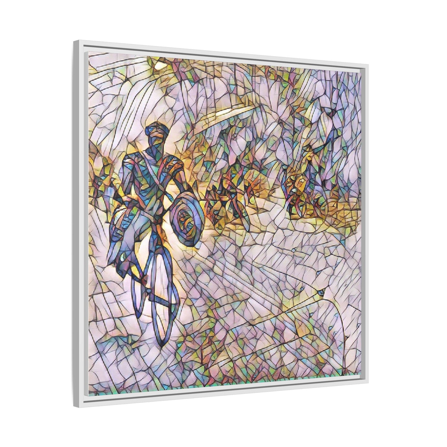 Cyclist Mosaic Matte Canvas Framed Wall Art — Colorful Biking Scene