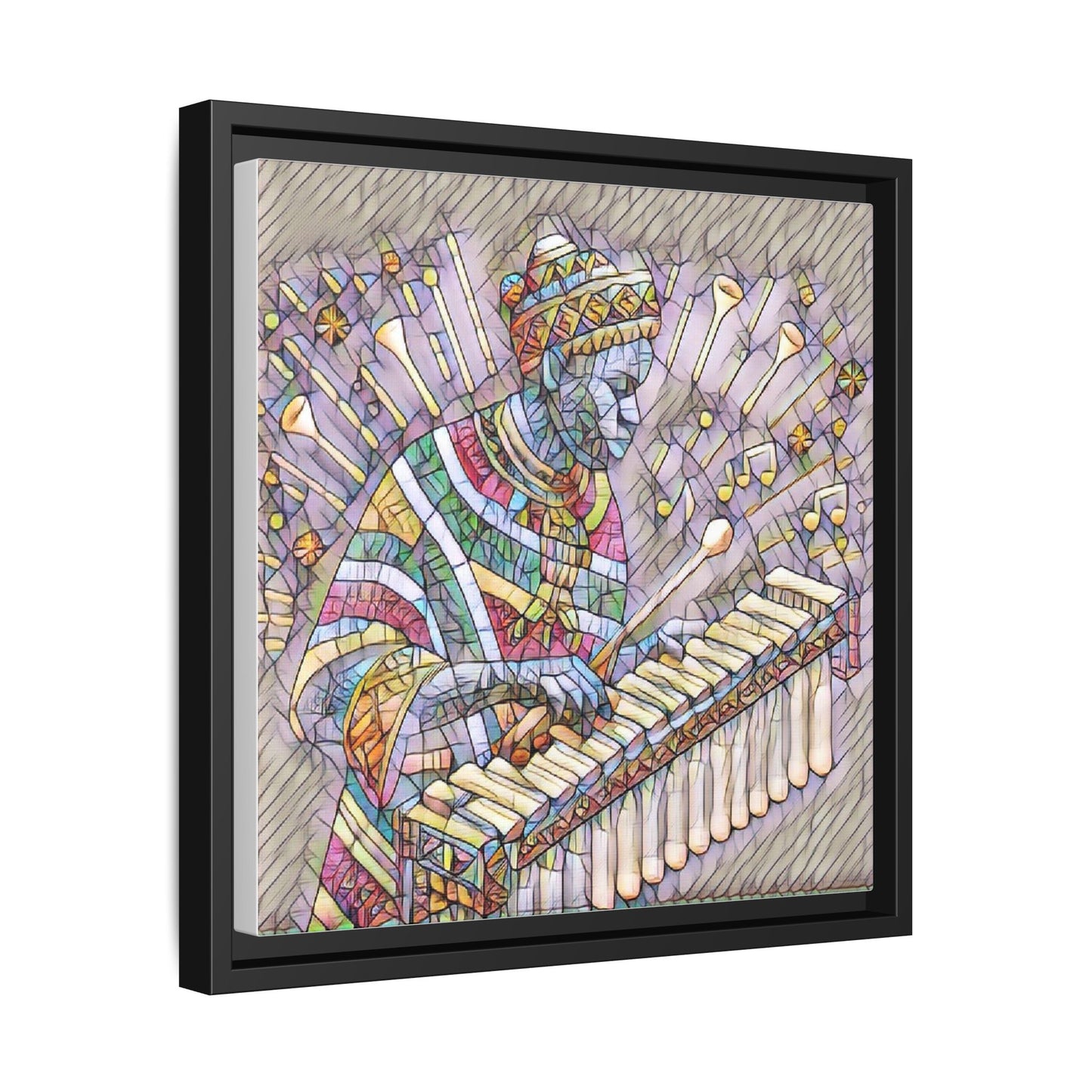 Colorful Marimba Musician Matte Framed Canvas — Vibrant African Instrument Wall Art