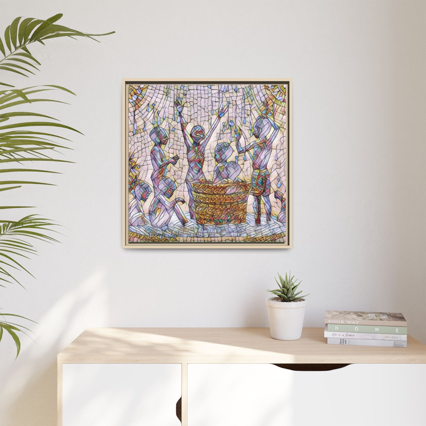 Framed Matte Canvas Art — Children Playing Mosaic Illustration