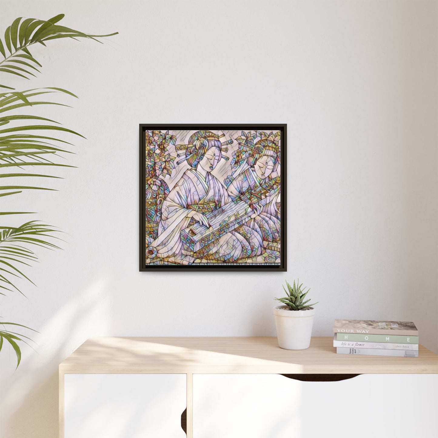 Framed Matte Canvas Print — Stained-Glass Geisha Duo