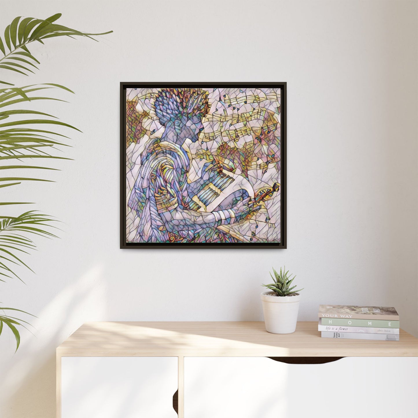 Abstract Jazz Musician Framed Canvas Art — Colorful Stained-Glass Style Wall Decor