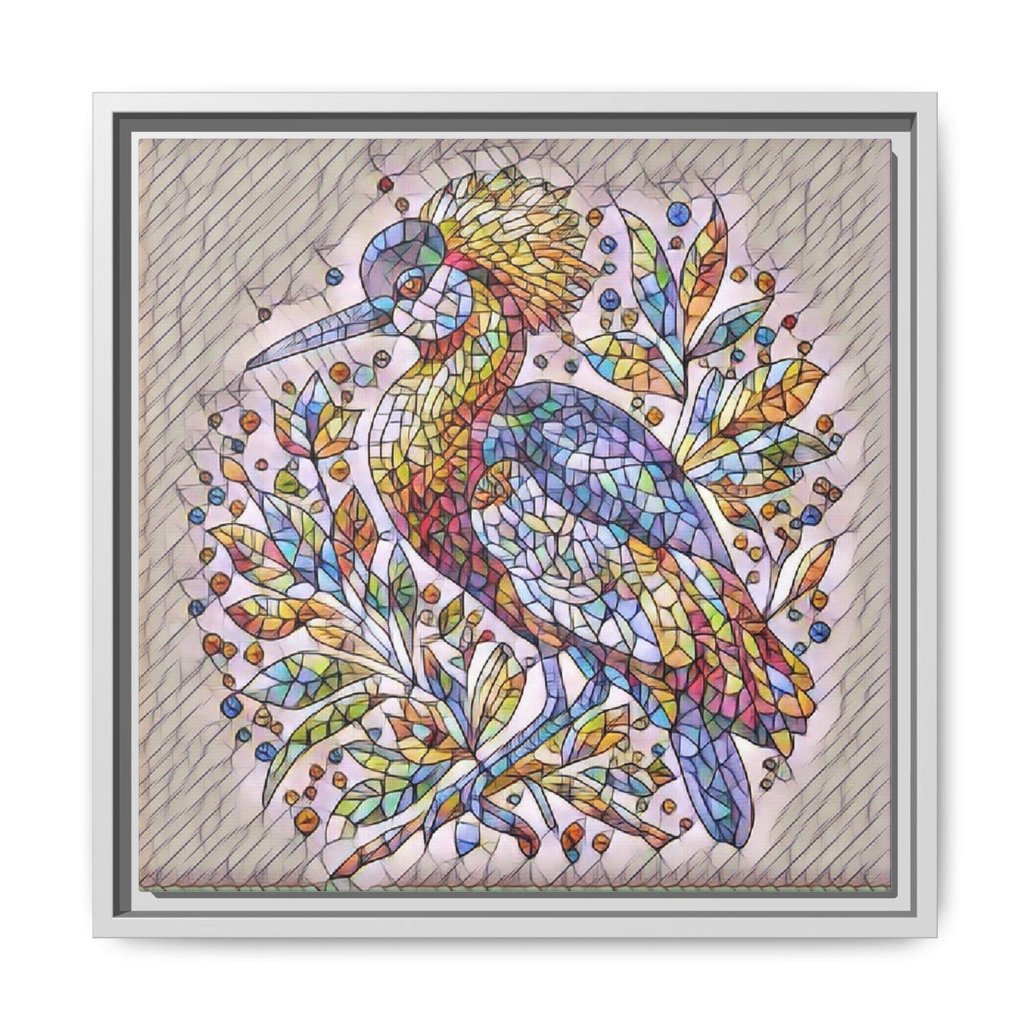 Colorful Stained-Glass Heron — Framed Matte Canvas Wall Art