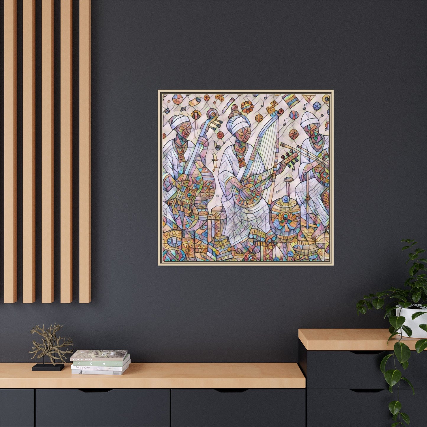 Framed Matte Canvas Print — Colorful African Musicians Stained-Glass Art