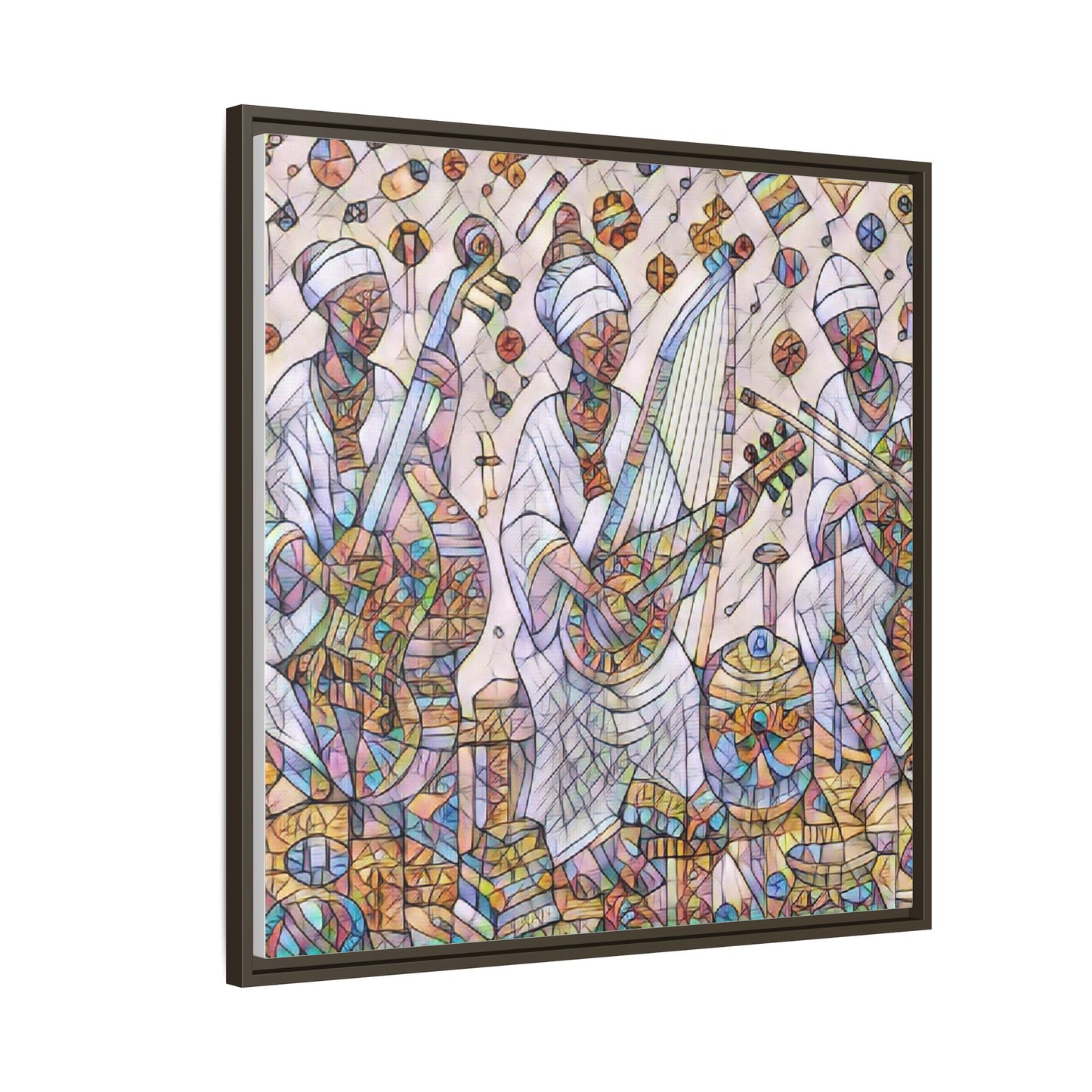 Framed Matte Canvas Print — Colorful African Musicians Stained-Glass Art