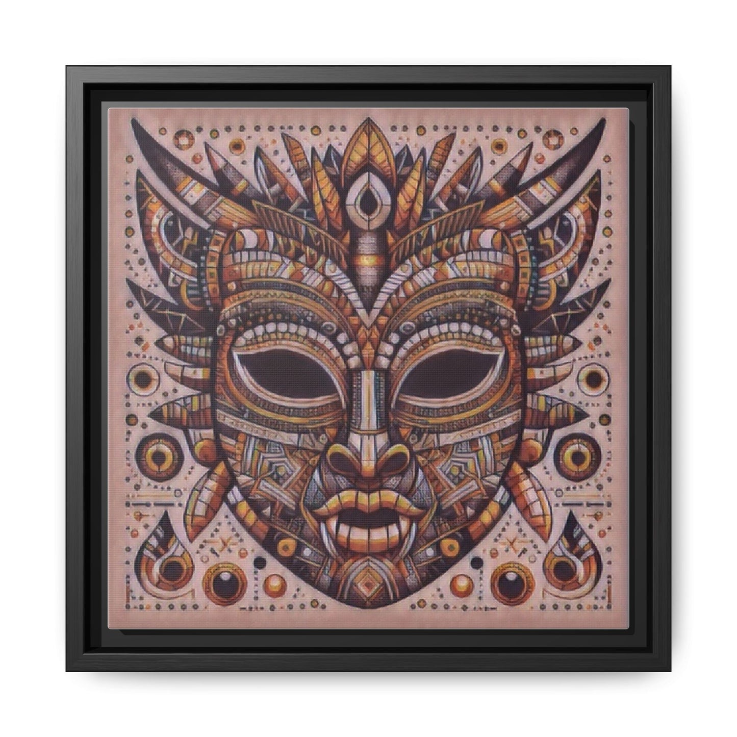 Tribal Mask Framed Canvas Art — Multicolor Matte Wall Decor