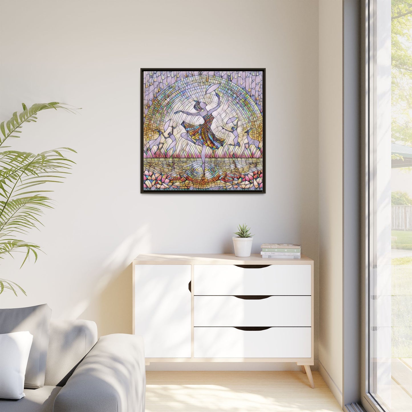 Stained Glass Ballerina Framed Canvas Art — Dancer Mosaic Wall Decor