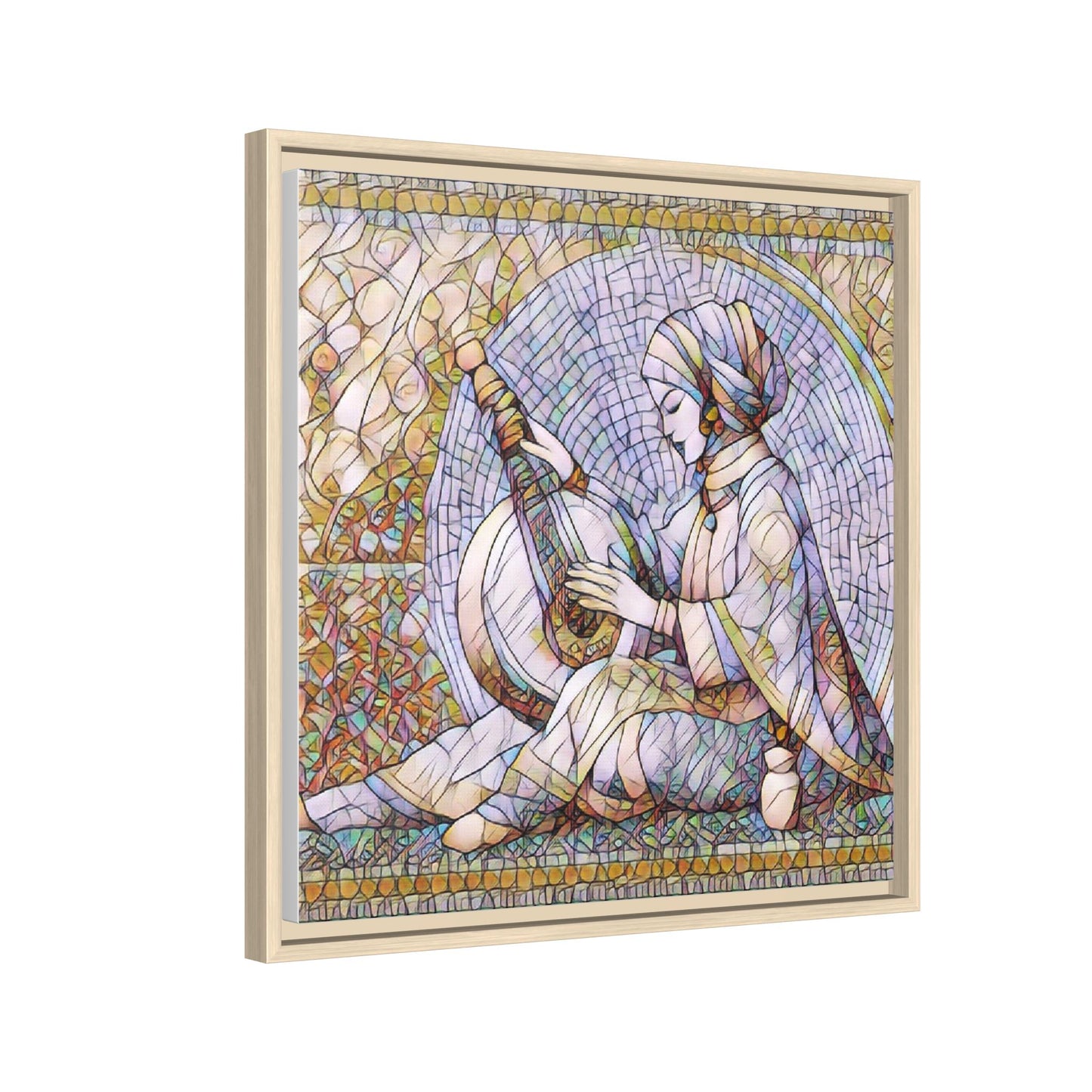 Framed Matte Canvas: Mosaic Lute Player Wall Art — Bohemian Musical Portrait