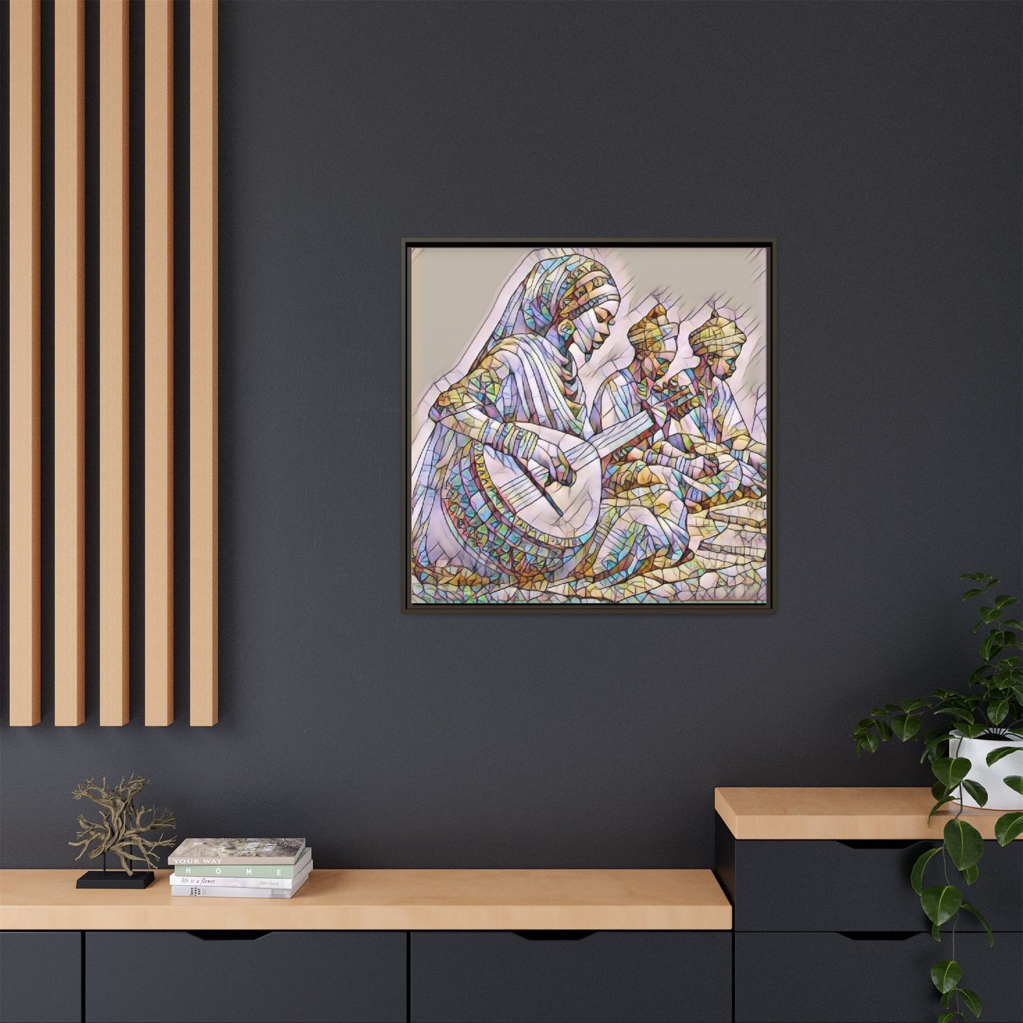 Framed Matte Canvas: Colorful Moroccan Musicians Wall Art