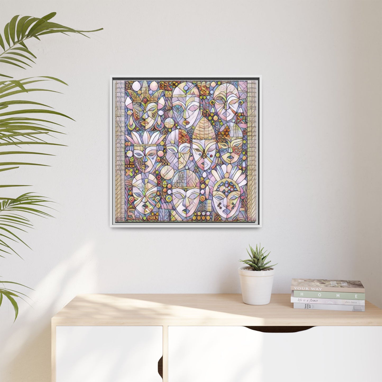 Framed Abstract Mask Art Canvas — Multicolor Stained-Glass Faces Wall Decor