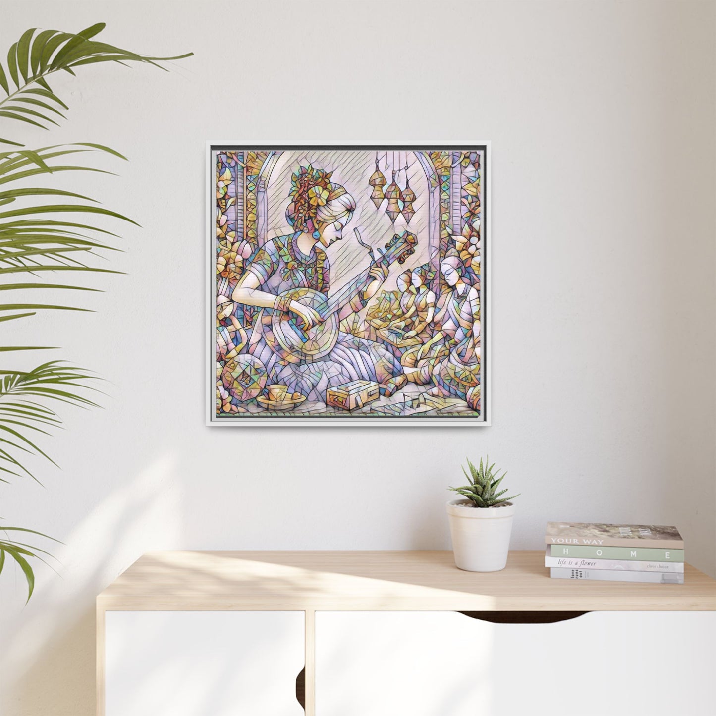 Framed Matte Canvas: Bohemian Woman Playing Lute — Stained-Glass Style Wall Art