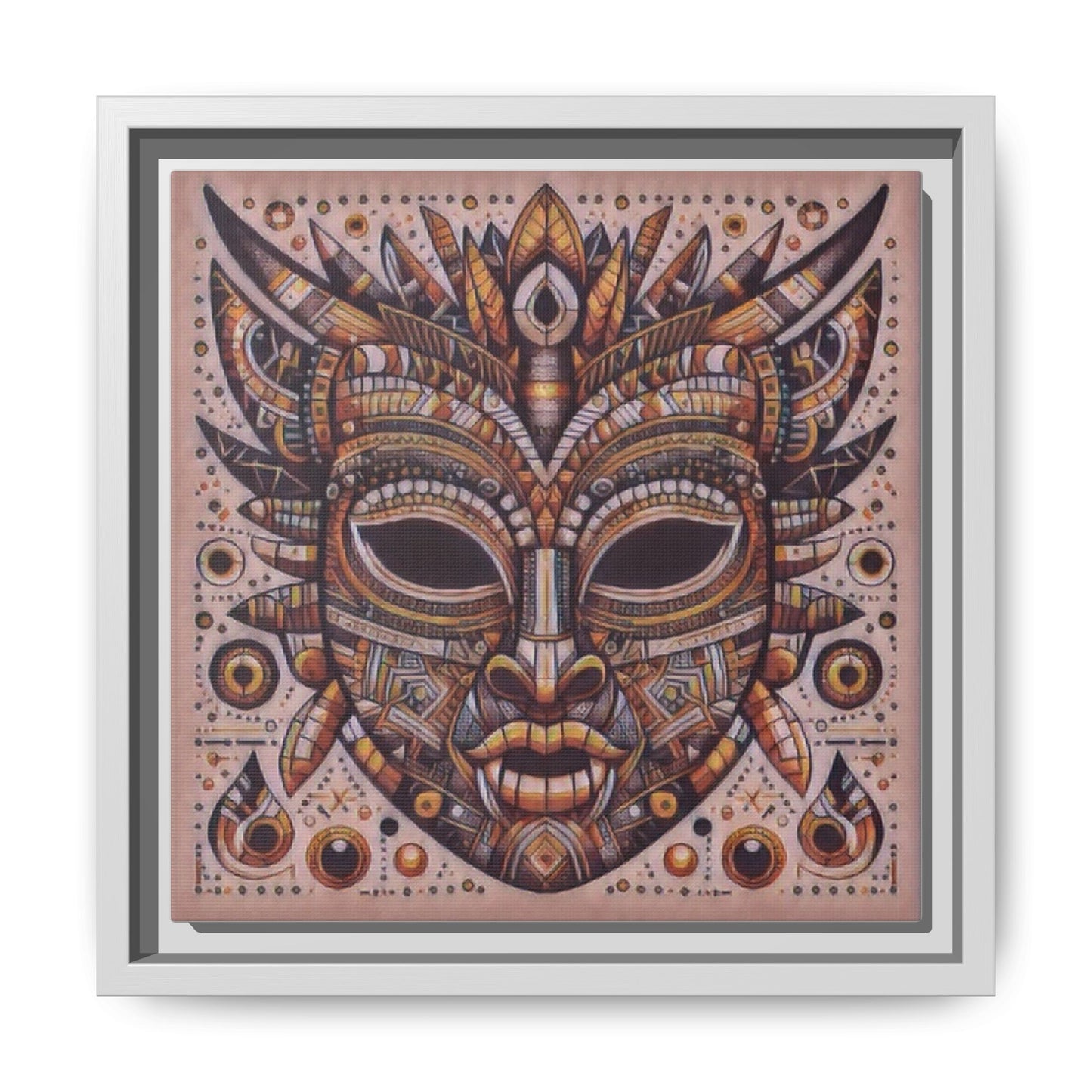 Tribal Mask Framed Canvas Art — Multicolor Matte Wall Decor