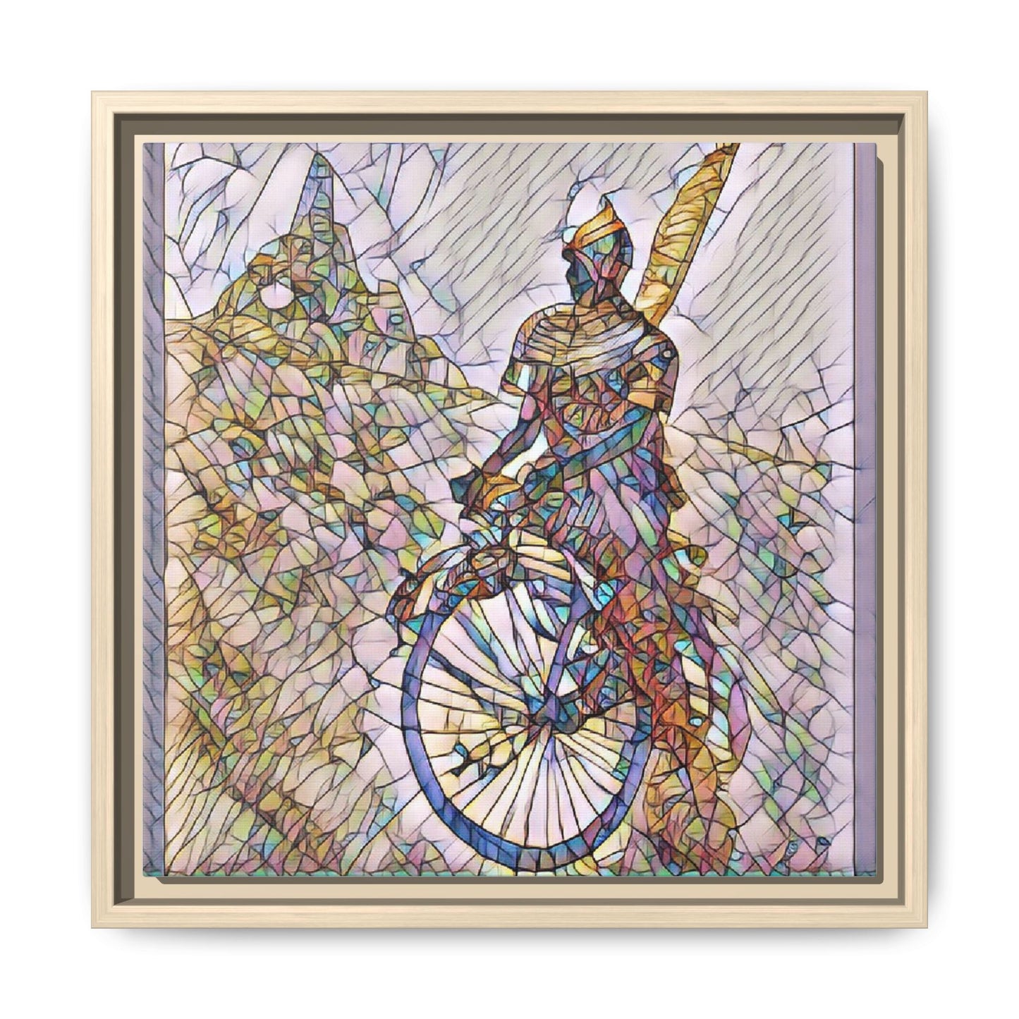 Cyclist Stained Glass Art Print — Framed Matte Canvas