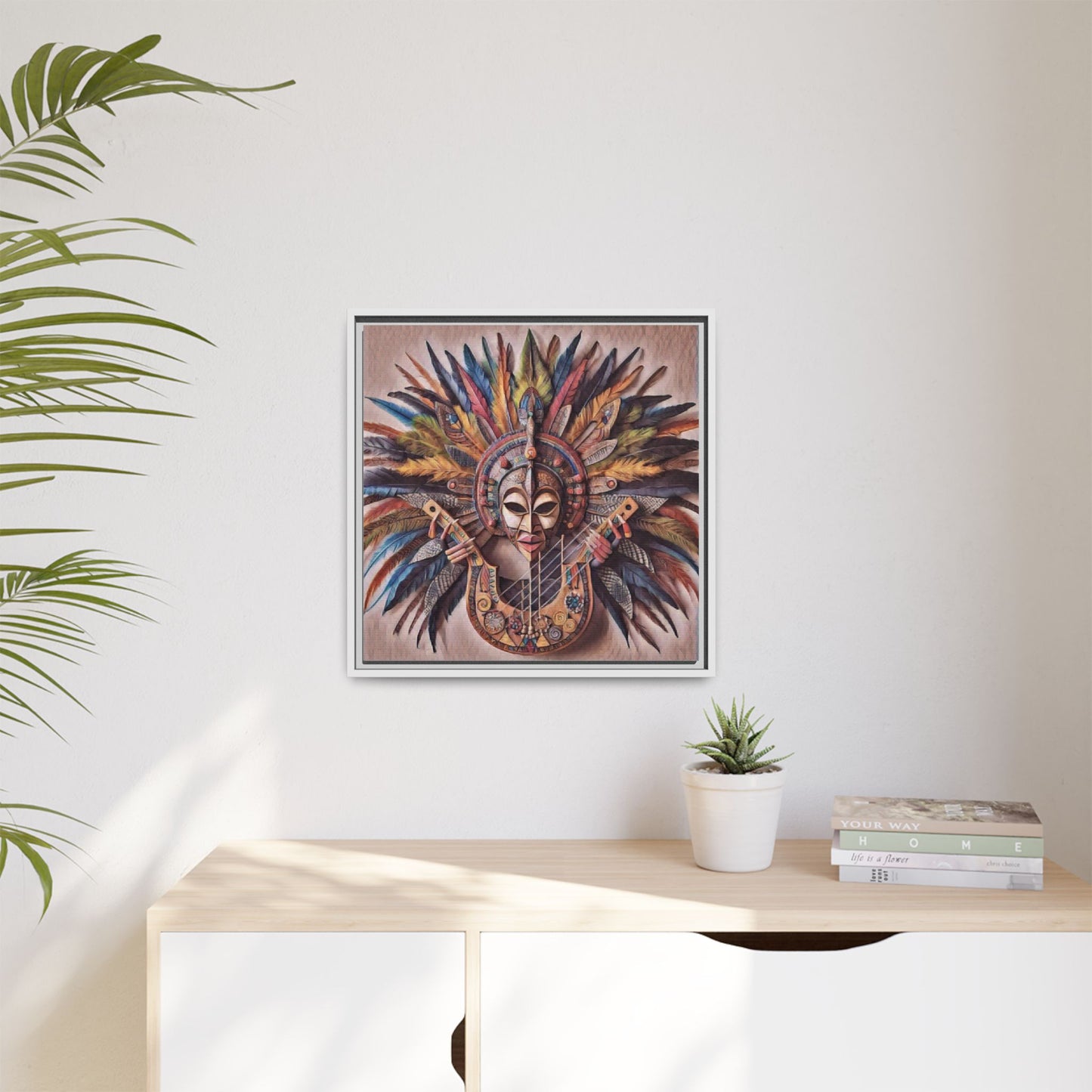 Tribal Feather Mask Guitar Framed Canvas Art — Colorful Boho Wall Decor