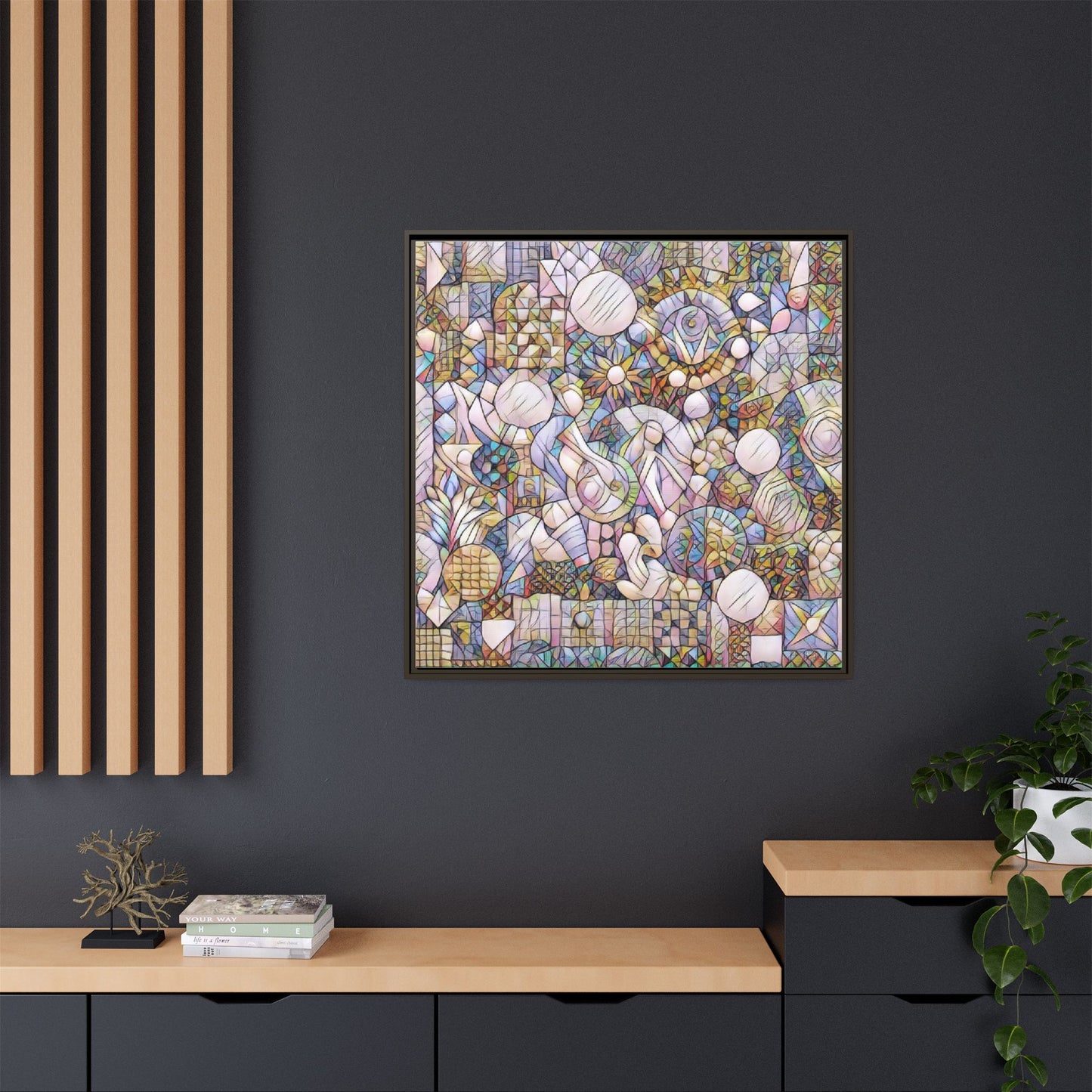 Abstract Geometric Mosaic Framed Canvas — Multicolor Modern Wall Art