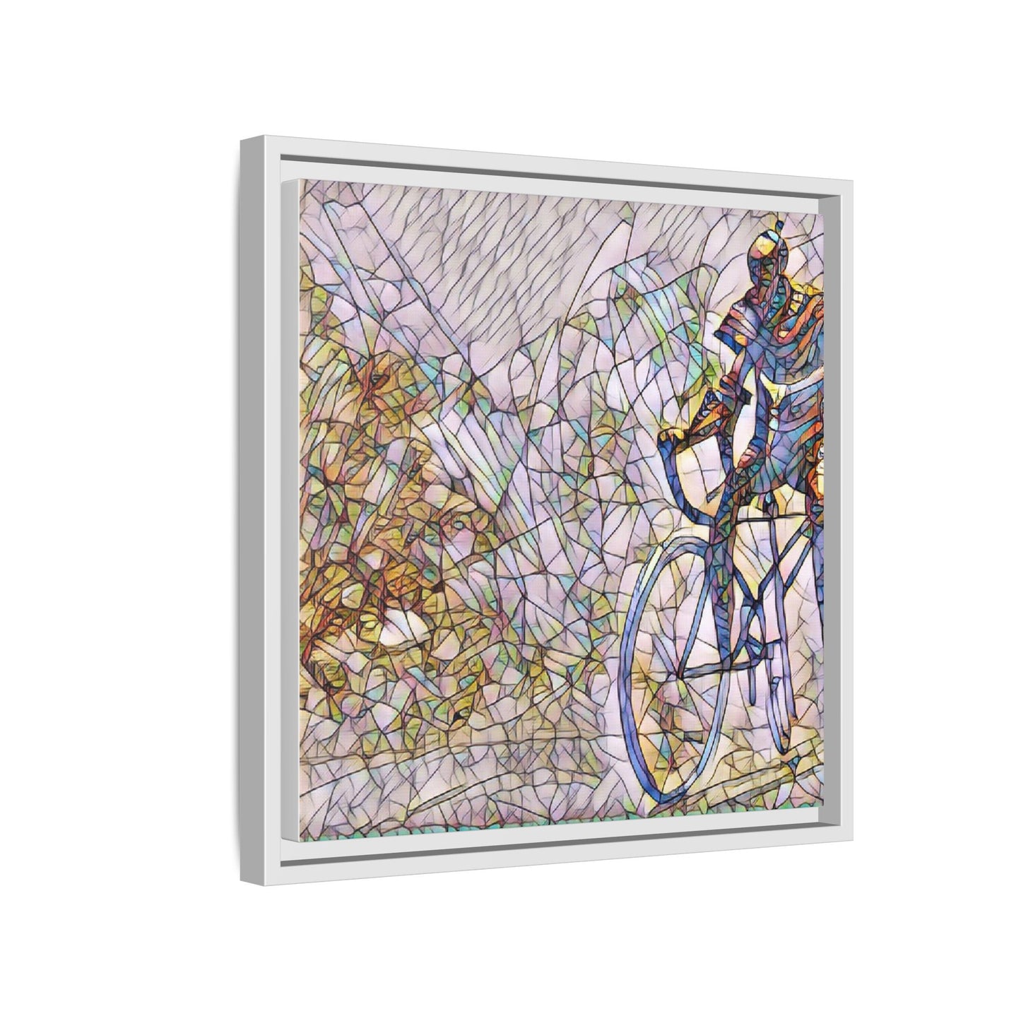 Colorful Cyclist Stained-Glass Art — Framed Matte Canvas