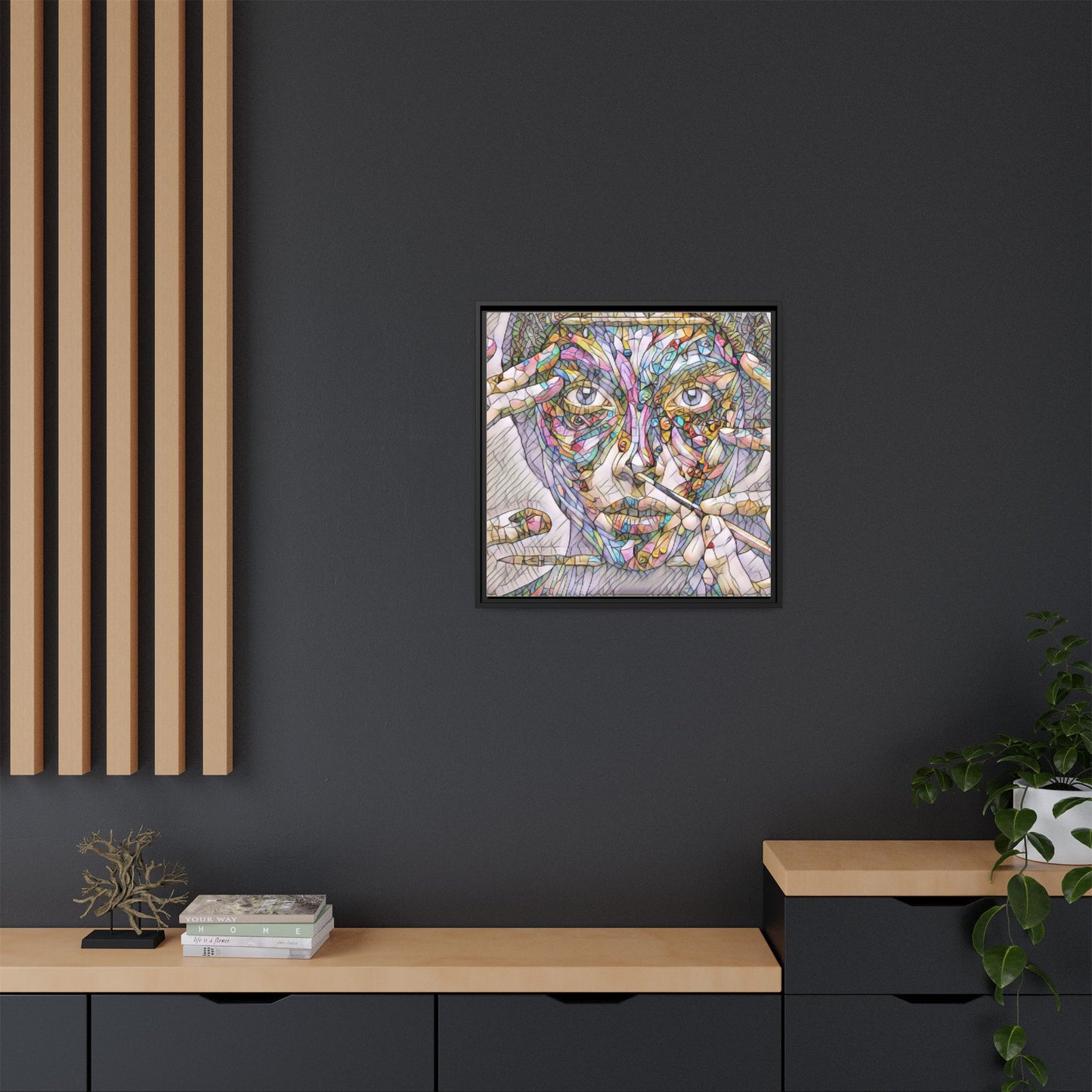 Framed Abstract Mosaic Face Canvas — Colorful Modern Wall Art