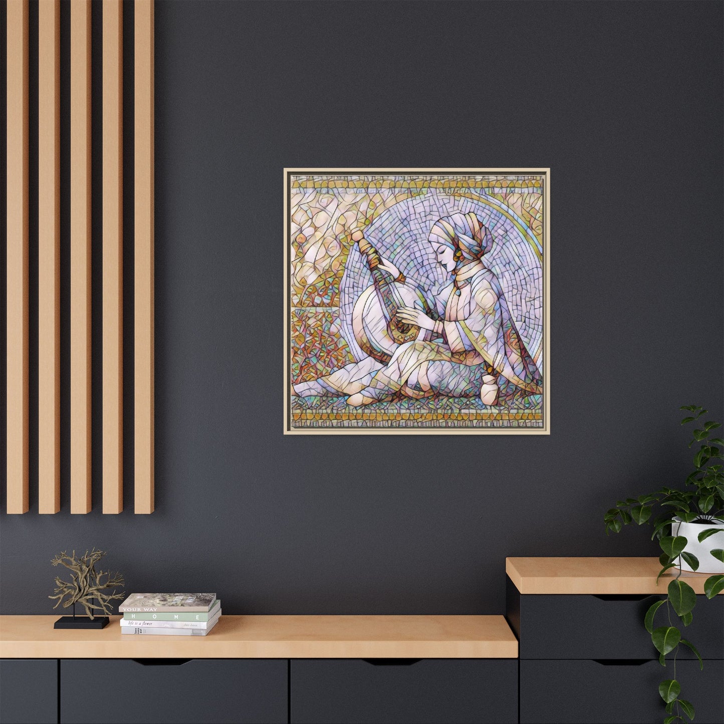 Framed Matte Canvas: Mosaic Lute Player Wall Art — Bohemian Musical Portrait