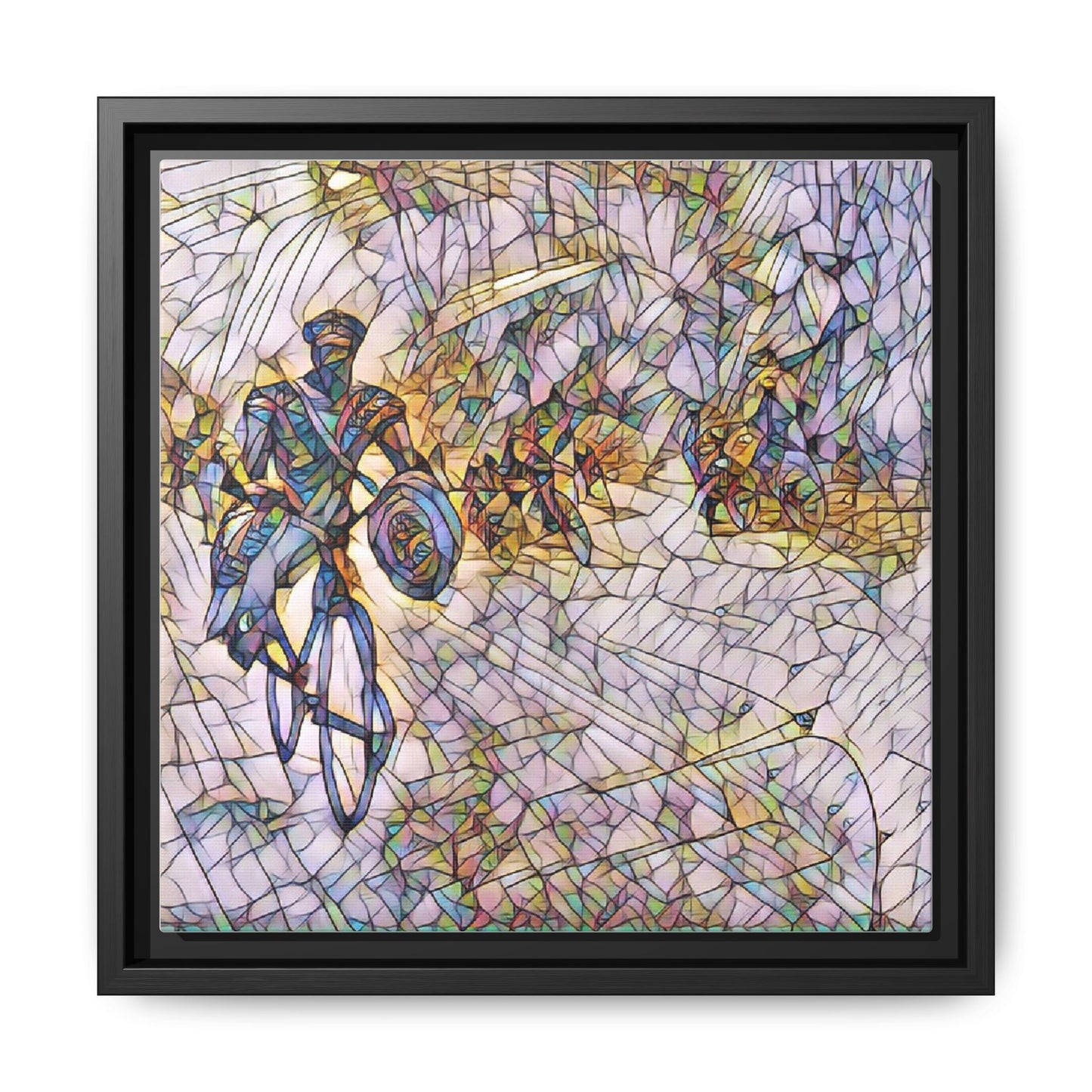 Cyclist Mosaic Matte Canvas Framed Wall Art — Colorful Biking Scene