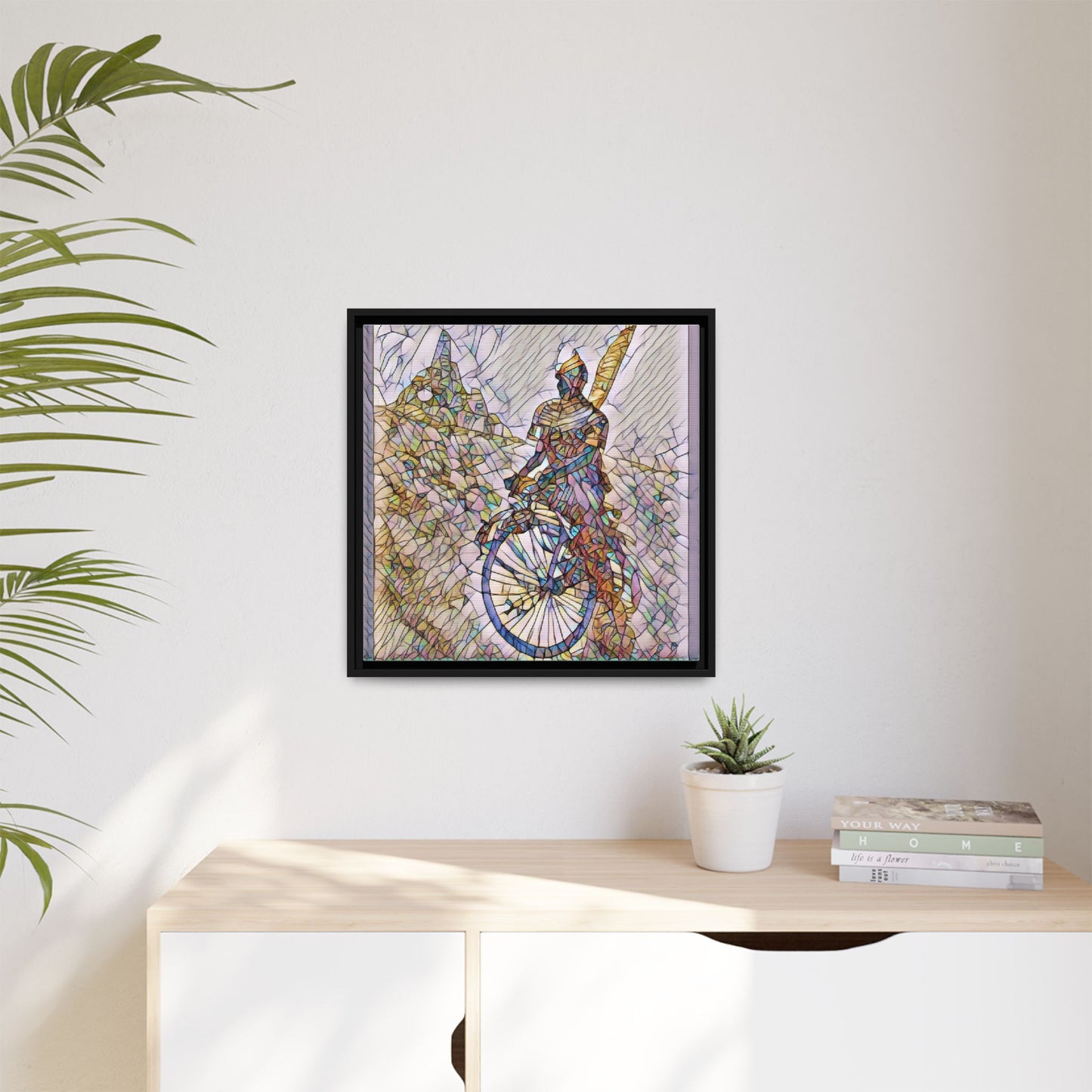 Cyclist Stained Glass Art Print — Framed Matte Canvas