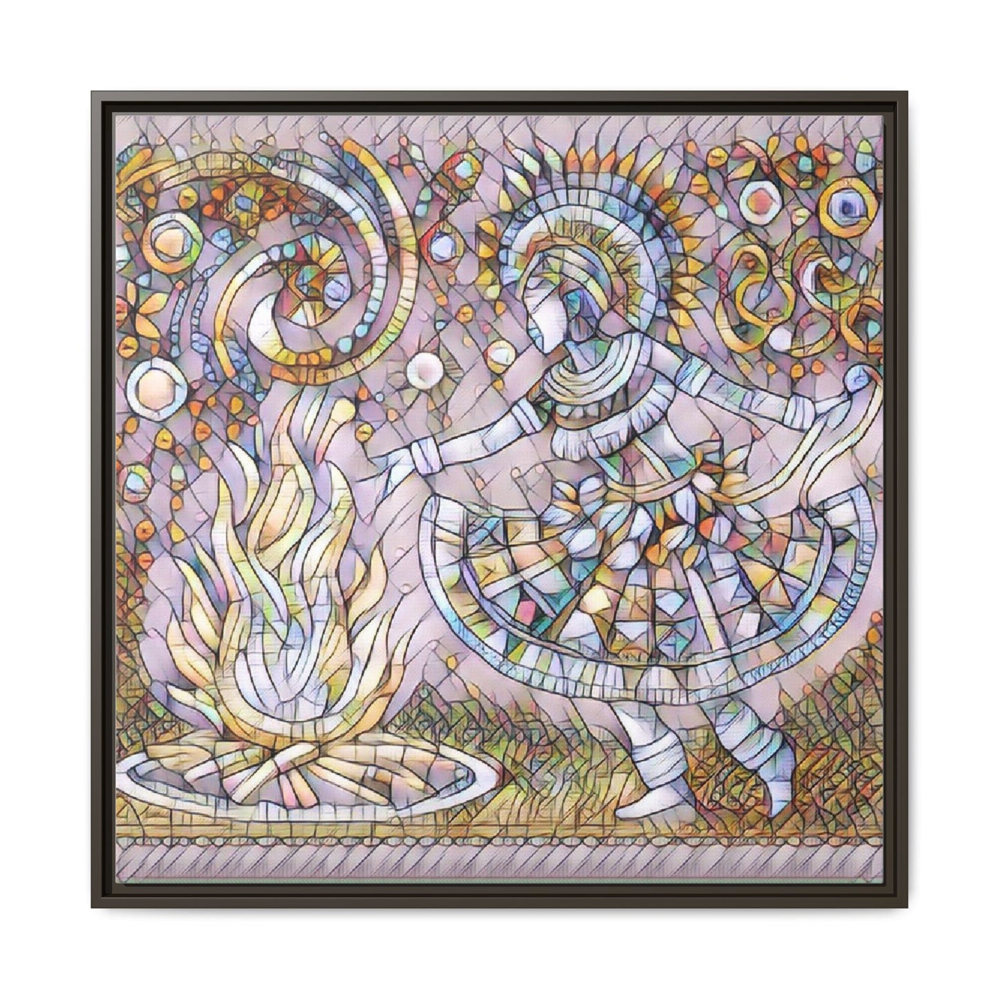 Bohemian Fire Dancer Framed Canvas Art — Colorful Folk Mosaic Wall Decor