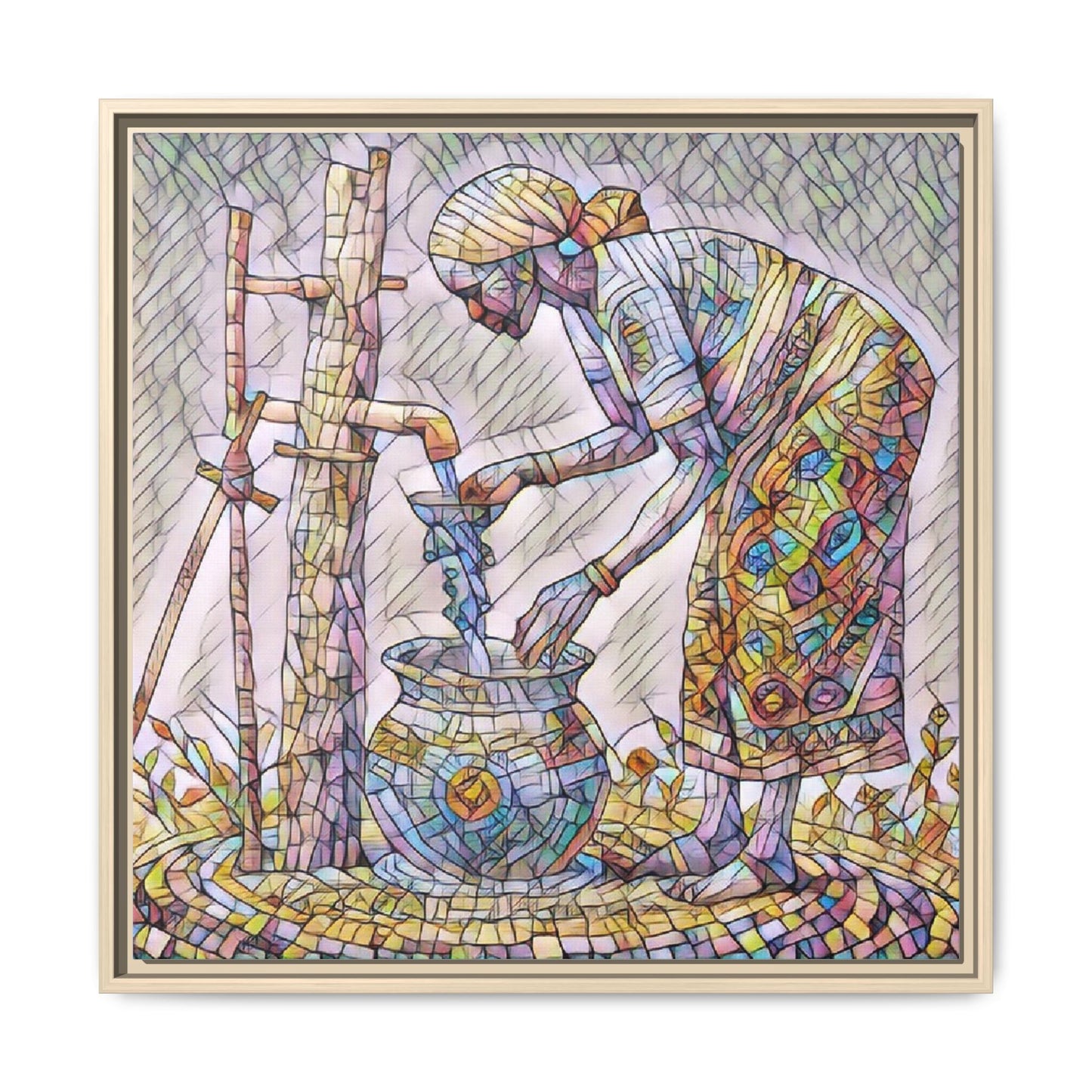 Framed Matte Canvas Art — Colorful Mosaic Woman at Well