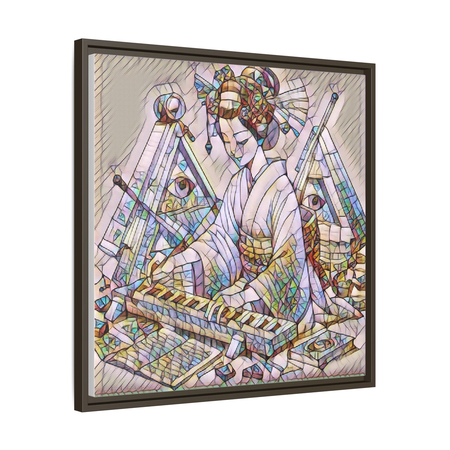 Framed Matte Canvas: Stained-Glass Geisha Wall Art