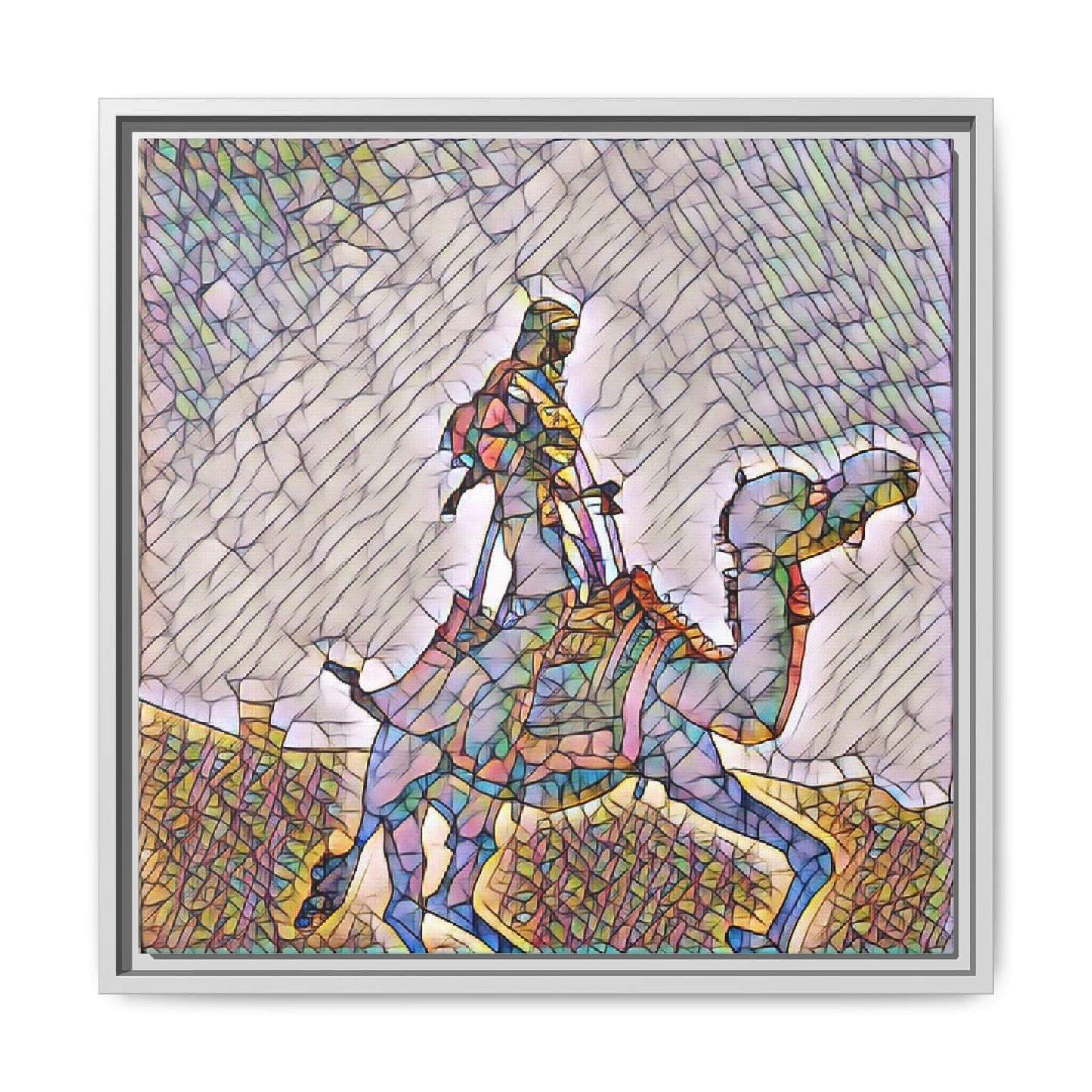 Framed Camel Rider Matte Canvas Art — Colorful Mosaic Desert Wall Decor
